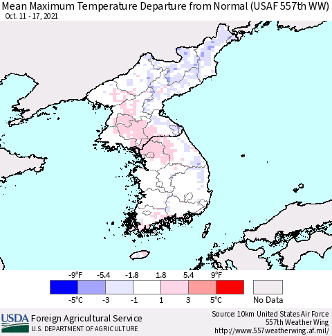 Korea Mean Maximum Temperature Departure from Normal (USAF 557th WW) Thematic Map For 10/11/2021 - 10/17/2021