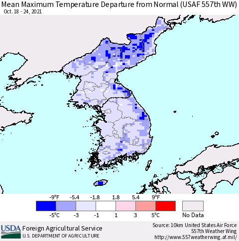 Korea Mean Maximum Temperature Departure from Normal (USAF 557th WW) Thematic Map For 10/18/2021 - 10/24/2021