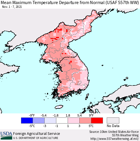 Korea Mean Maximum Temperature Departure from Normal (USAF 557th WW) Thematic Map For 11/1/2021 - 11/7/2021