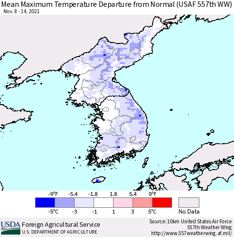 Korea Mean Maximum Temperature Departure from Normal (USAF 557th WW) Thematic Map For 11/8/2021 - 11/14/2021