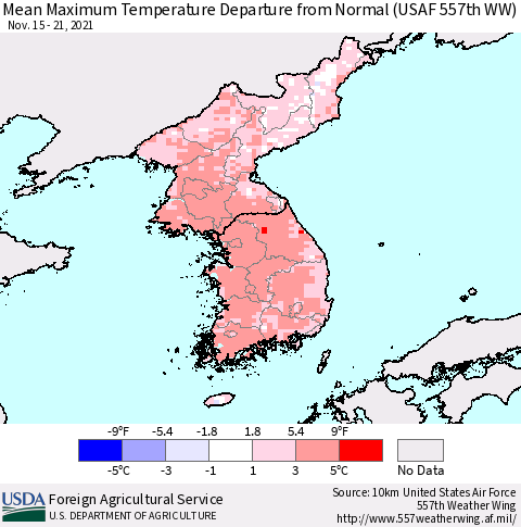 Korea Mean Maximum Temperature Departure from Normal (USAF 557th WW) Thematic Map For 11/15/2021 - 11/21/2021
