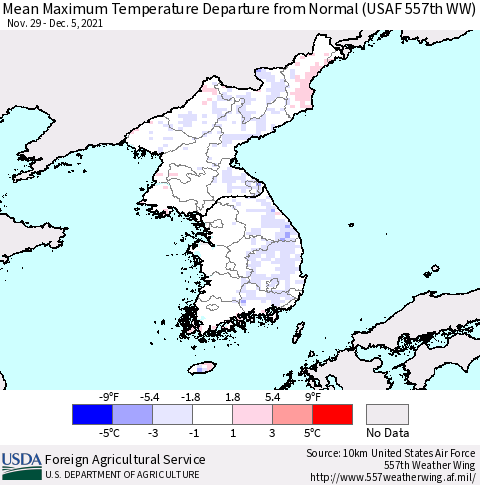 Korea Mean Maximum Temperature Departure from Normal (USAF 557th WW) Thematic Map For 11/29/2021 - 12/5/2021