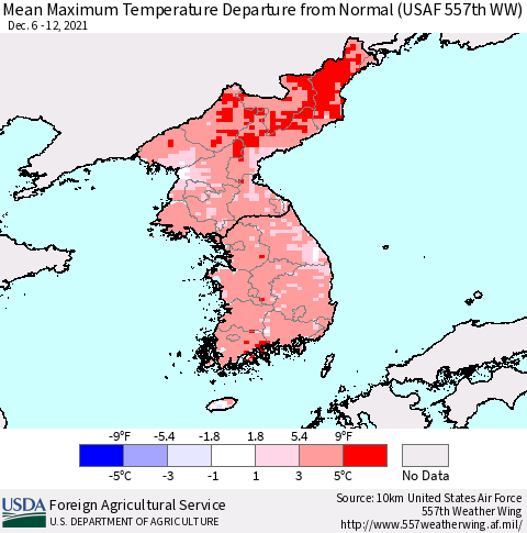 Korea Mean Maximum Temperature Departure from Normal (USAF 557th WW) Thematic Map For 12/6/2021 - 12/12/2021