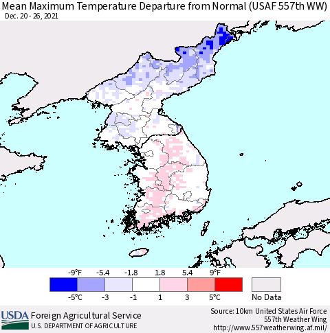 Korea Mean Maximum Temperature Departure from Normal (USAF 557th WW) Thematic Map For 12/20/2021 - 12/26/2021