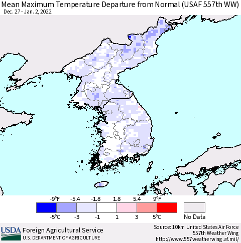 Korea Mean Maximum Temperature Departure from Normal (USAF 557th WW) Thematic Map For 12/27/2021 - 1/2/2022