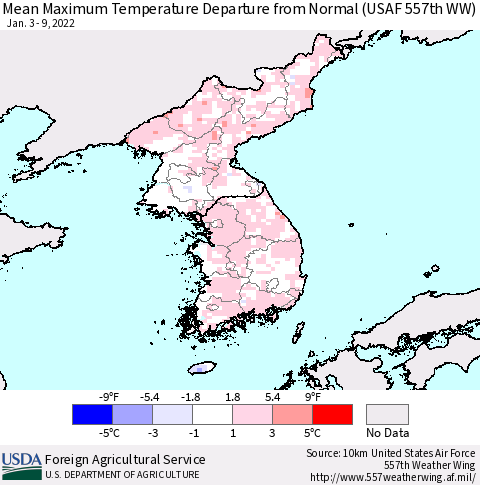Korea Mean Maximum Temperature Departure from Normal (USAF 557th WW) Thematic Map For 1/3/2022 - 1/9/2022