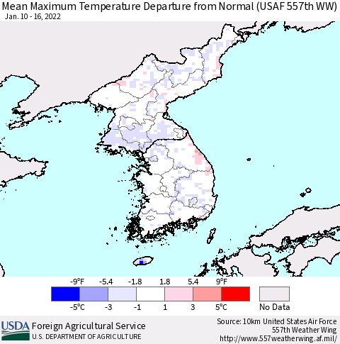 Korea Mean Maximum Temperature Departure from Normal (USAF 557th WW) Thematic Map For 1/10/2022 - 1/16/2022