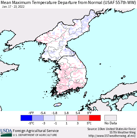 Korea Mean Maximum Temperature Departure from Normal (USAF 557th WW) Thematic Map For 1/17/2022 - 1/23/2022