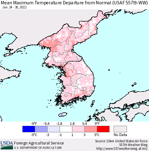 Korea Mean Maximum Temperature Departure from Normal (USAF 557th WW) Thematic Map For 1/24/2022 - 1/30/2022