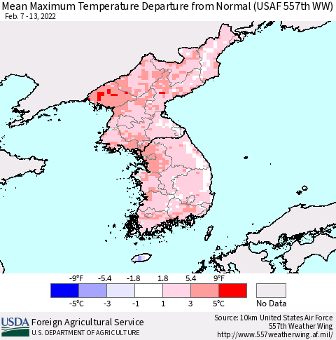 Korea Mean Maximum Temperature Departure from Normal (USAF 557th WW) Thematic Map For 2/7/2022 - 2/13/2022