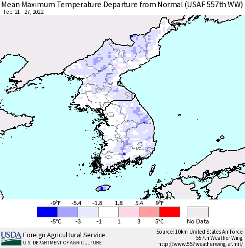 Korea Mean Maximum Temperature Departure from Normal (USAF 557th WW) Thematic Map For 2/21/2022 - 2/27/2022