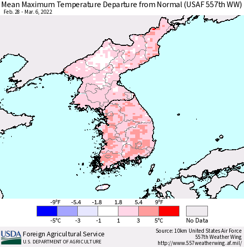 Korea Mean Maximum Temperature Departure from Normal (USAF 557th WW) Thematic Map For 2/28/2022 - 3/6/2022