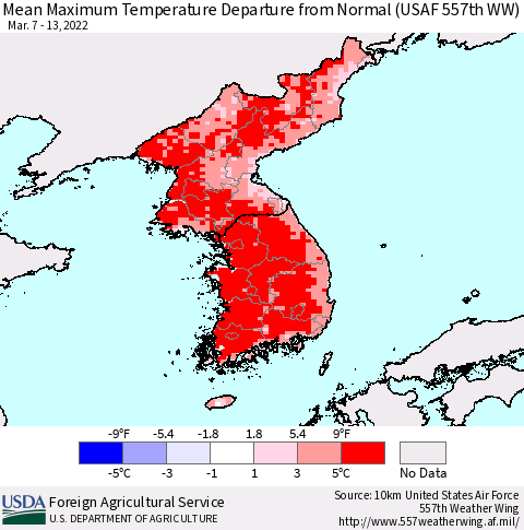 Korea Mean Maximum Temperature Departure from Normal (USAF 557th WW) Thematic Map For 3/7/2022 - 3/13/2022