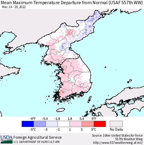 Korea Mean Maximum Temperature Departure from Normal (USAF 557th WW) Thematic Map For 3/14/2022 - 3/20/2022