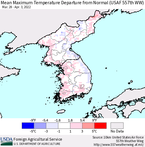 Korea Mean Maximum Temperature Departure from Normal (USAF 557th WW) Thematic Map For 3/28/2022 - 4/3/2022