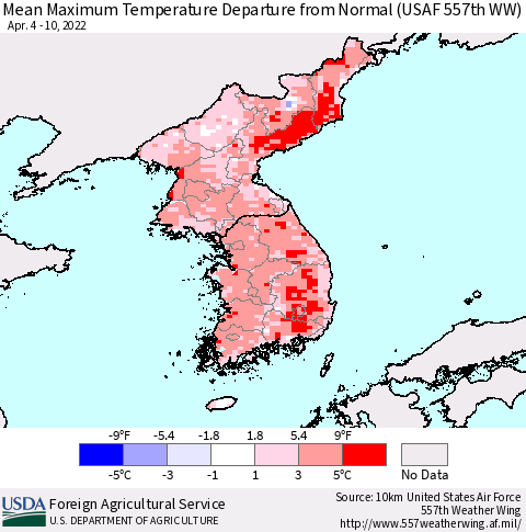 Korea Mean Maximum Temperature Departure from Normal (USAF 557th WW) Thematic Map For 4/4/2022 - 4/10/2022