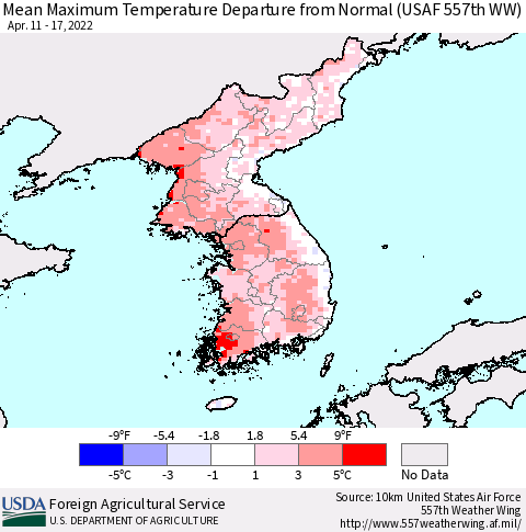 Korea Mean Maximum Temperature Departure from Normal (USAF 557th WW) Thematic Map For 4/11/2022 - 4/17/2022