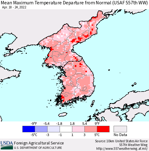 Korea Mean Maximum Temperature Departure from Normal (USAF 557th WW) Thematic Map For 4/18/2022 - 4/24/2022