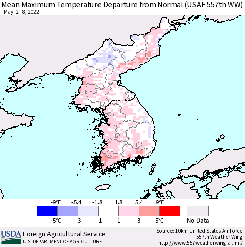 Korea Mean Maximum Temperature Departure from Normal (USAF 557th WW) Thematic Map For 5/2/2022 - 5/8/2022