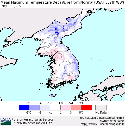 Korea Mean Maximum Temperature Departure from Normal (USAF 557th WW) Thematic Map For 5/9/2022 - 5/15/2022