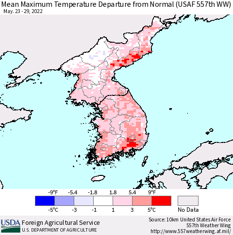 Korea Mean Maximum Temperature Departure from Normal (USAF 557th WW) Thematic Map For 5/23/2022 - 5/29/2022