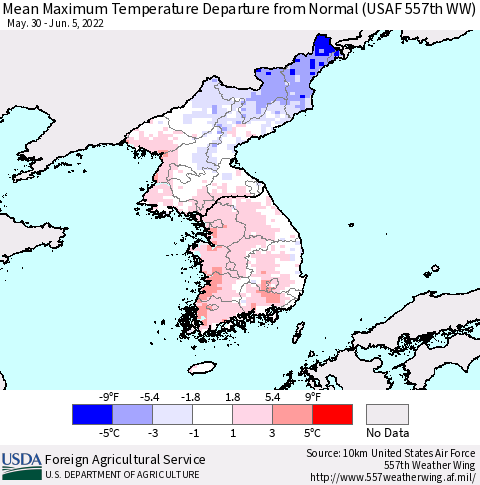 Korea Mean Maximum Temperature Departure from Normal (USAF 557th WW) Thematic Map For 5/30/2022 - 6/5/2022
