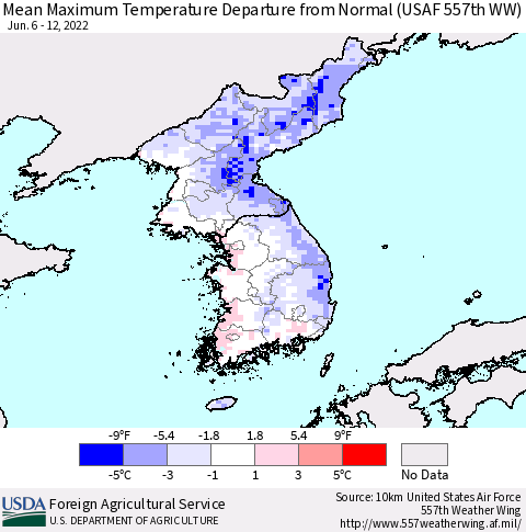 Korea Mean Maximum Temperature Departure from Normal (USAF 557th WW) Thematic Map For 6/6/2022 - 6/12/2022