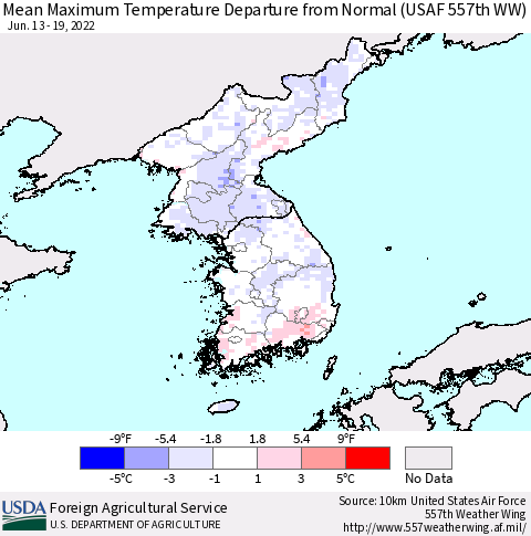 Korea Mean Maximum Temperature Departure from Normal (USAF 557th WW) Thematic Map For 6/13/2022 - 6/19/2022
