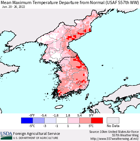 Korea Mean Maximum Temperature Departure from Normal (USAF 557th WW) Thematic Map For 6/20/2022 - 6/26/2022