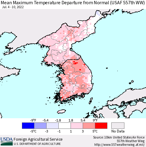 Korea Mean Maximum Temperature Departure from Normal (USAF 557th WW) Thematic Map For 7/4/2022 - 7/10/2022