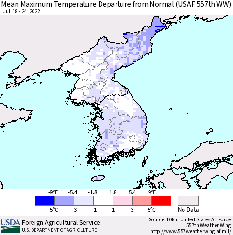 Korea Mean Maximum Temperature Departure from Normal (USAF 557th WW) Thematic Map For 7/18/2022 - 7/24/2022