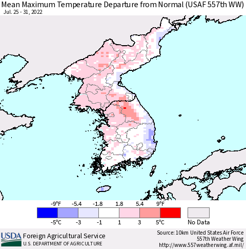 Korea Mean Maximum Temperature Departure from Normal (USAF 557th WW) Thematic Map For 7/25/2022 - 7/31/2022
