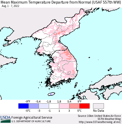 Korea Mean Maximum Temperature Departure from Normal (USAF 557th WW) Thematic Map For 8/1/2022 - 8/7/2022