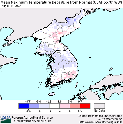 Korea Mean Maximum Temperature Departure from Normal (USAF 557th WW) Thematic Map For 8/8/2022 - 8/14/2022