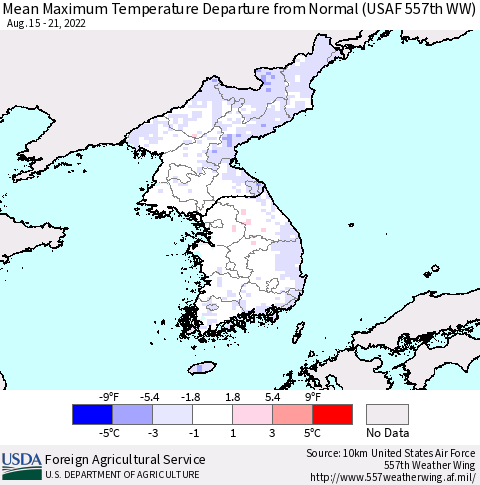 Korea Mean Maximum Temperature Departure from Normal (USAF 557th WW) Thematic Map For 8/15/2022 - 8/21/2022