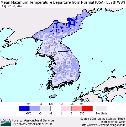 Korea Mean Maximum Temperature Departure from Normal (USAF 557th WW) Thematic Map For 8/22/2022 - 8/28/2022