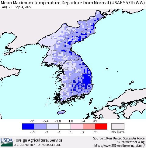 Korea Mean Maximum Temperature Departure from Normal (USAF 557th WW) Thematic Map For 8/29/2022 - 9/4/2022