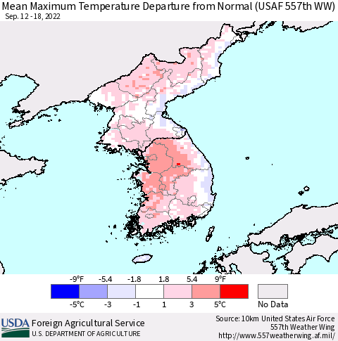 Korea Mean Maximum Temperature Departure from Normal (USAF 557th WW) Thematic Map For 9/12/2022 - 9/18/2022