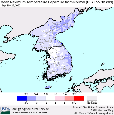 Korea Mean Maximum Temperature Departure from Normal (USAF 557th WW) Thematic Map For 9/19/2022 - 9/25/2022