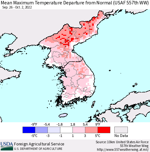 Korea Mean Maximum Temperature Departure from Normal (USAF 557th WW) Thematic Map For 9/26/2022 - 10/2/2022