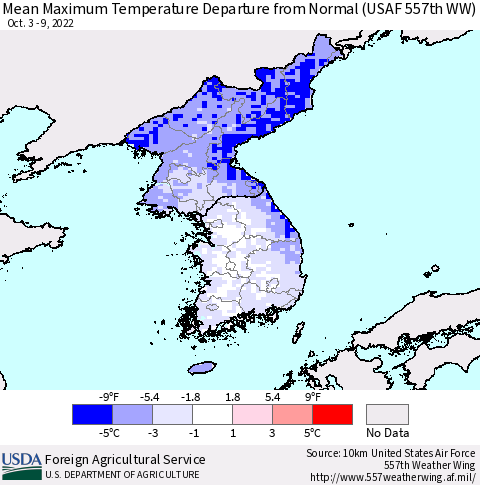 Korea Mean Maximum Temperature Departure from Normal (USAF 557th WW) Thematic Map For 10/3/2022 - 10/9/2022