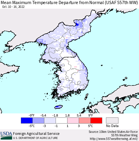 Korea Mean Maximum Temperature Departure from Normal (USAF 557th WW) Thematic Map For 10/10/2022 - 10/16/2022