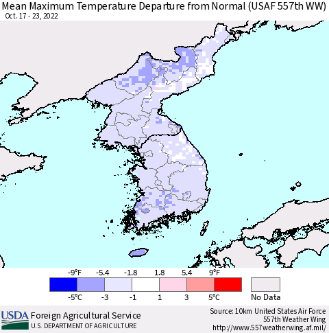 Korea Mean Maximum Temperature Departure from Normal (USAF 557th WW) Thematic Map For 10/17/2022 - 10/23/2022