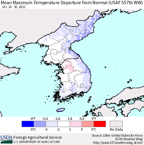 Korea Mean Maximum Temperature Departure from Normal (USAF 557th WW) Thematic Map For 10/24/2022 - 10/30/2022