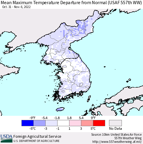 Korea Mean Maximum Temperature Departure from Normal (USAF 557th WW) Thematic Map For 10/31/2022 - 11/6/2022