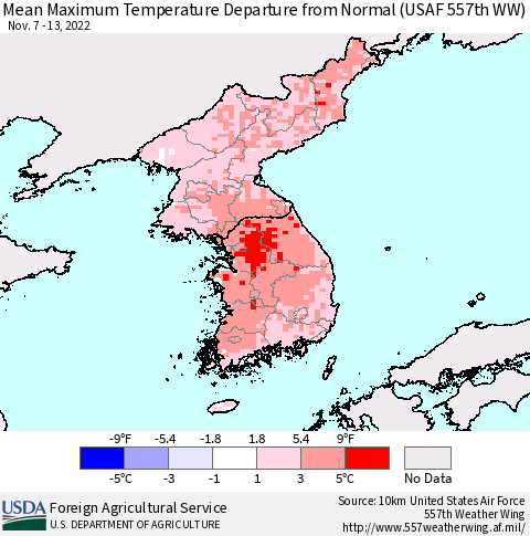 Korea Mean Maximum Temperature Departure from Normal (USAF 557th WW) Thematic Map For 11/7/2022 - 11/13/2022
