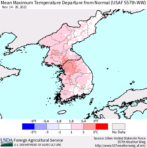 Korea Mean Maximum Temperature Departure from Normal (USAF 557th WW) Thematic Map For 11/14/2022 - 11/20/2022