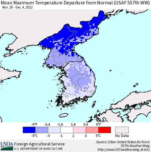 Korea Mean Maximum Temperature Departure from Normal (USAF 557th WW) Thematic Map For 11/28/2022 - 12/4/2022