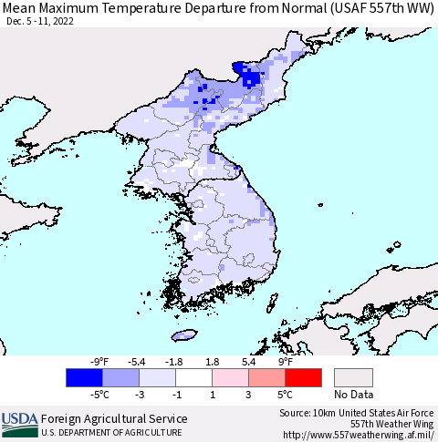 Korea Mean Maximum Temperature Departure from Normal (USAF 557th WW) Thematic Map For 12/5/2022 - 12/11/2022