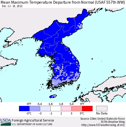 Korea Mean Maximum Temperature Departure from Normal (USAF 557th WW) Thematic Map For 12/12/2022 - 12/18/2022